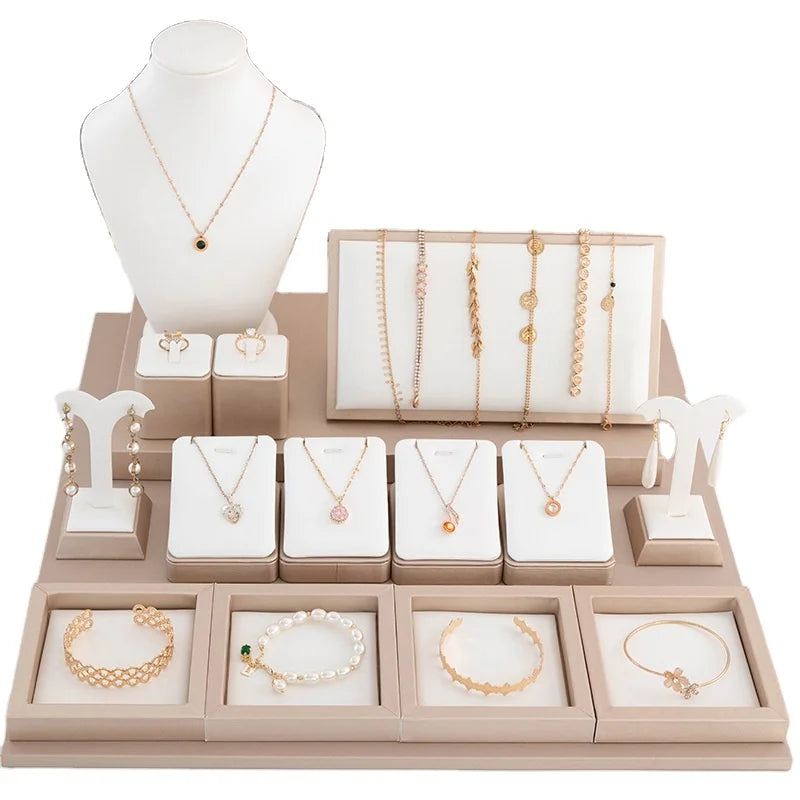 Minglu Fashion Jewelry Displays for Store Luxury Ring Necklace Jewelry Display Champaign White Leather Jewelry Stand Display Set
