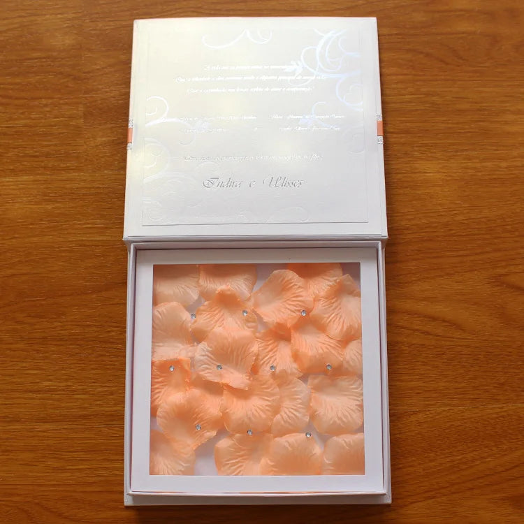 Elegant Design Gold Foil Clear Acrylic Card Emboss Logo White Box Wedding Invitation with Ribbon Petal and Pearl