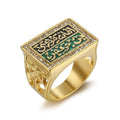 Middle East Hot Style Islamic Muslim Men Stainless Steel 18K Gold Plated With Diamond Koranic Text Ring