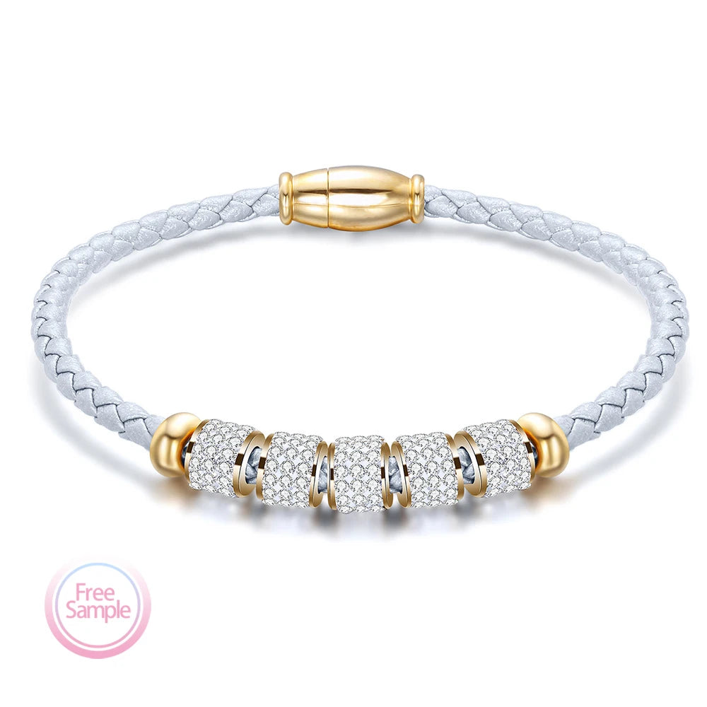 Pulsera Custom Fashion Jewelry Gold Adjustable Gemstone Women Woven Leather Stainless Steel Bracelets Women