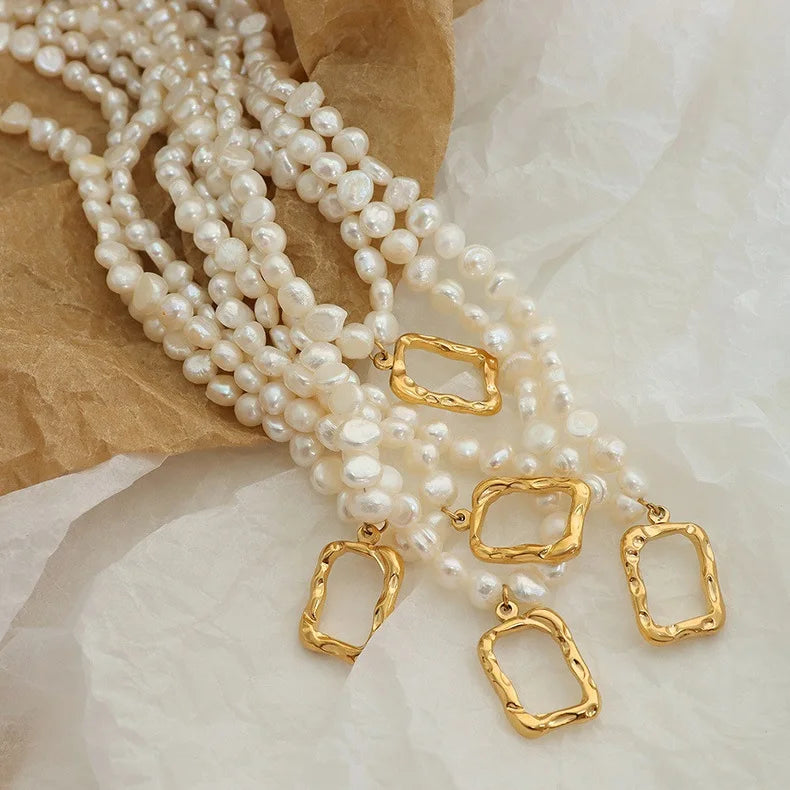 High Quality Women Irregular Beaded Necklace Geometry Freshwater Pearls Jewelry Collier En Acier Inoxydable Femme