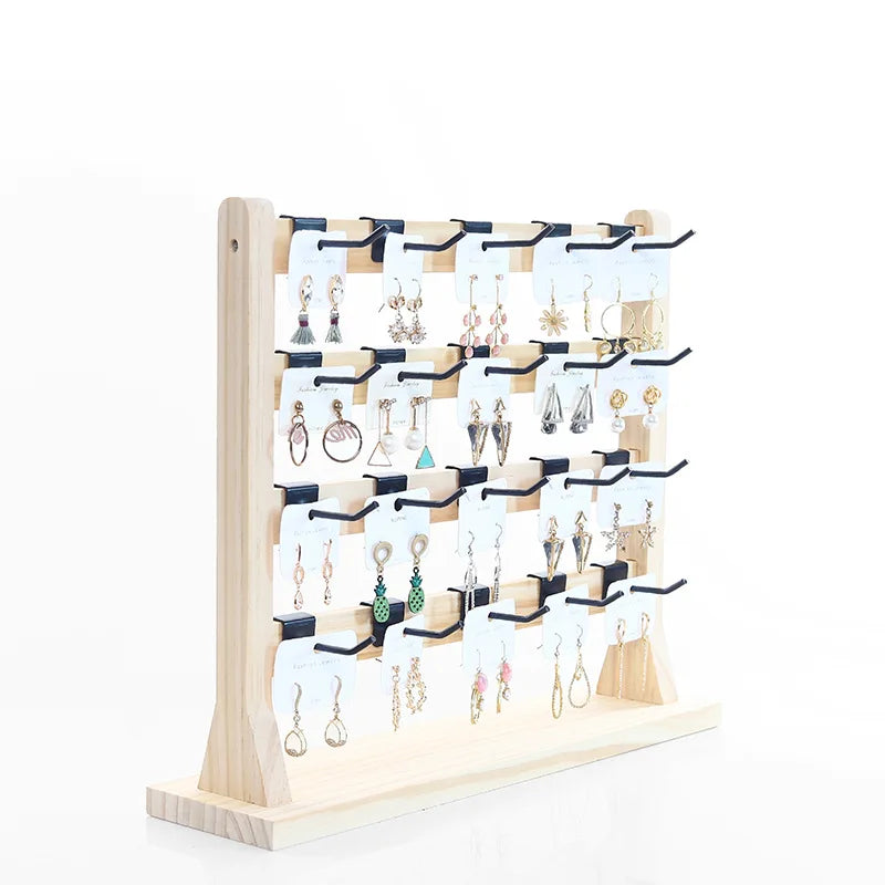 Wood Earring Stand 4 Tier Earrings Cards Holder Earring Display Stand Jewelry Display Wooden Rack With Hooks