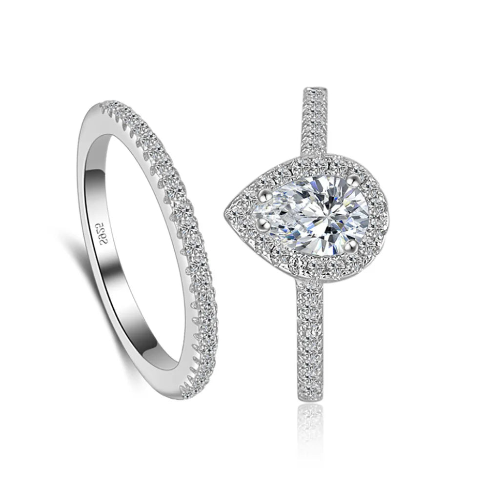 Simple White Gold Engagement CZ Teardrop Zircon Rings Cubic Zirconia Weeding Ring Set for Women