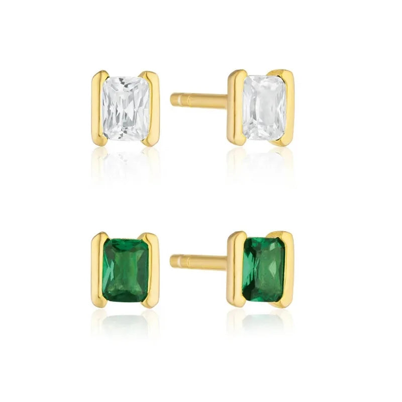 925 Sterling Silver Rectangle Clear Green Single Zirconia Stud Earrings Dainty Hot Sell CZ Jewelry