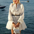 French Literary Retro Style 2024 New Summer Stand-up Collar Embroidered Lantern Sleeve Waist Lotus Leaf Dress for Women