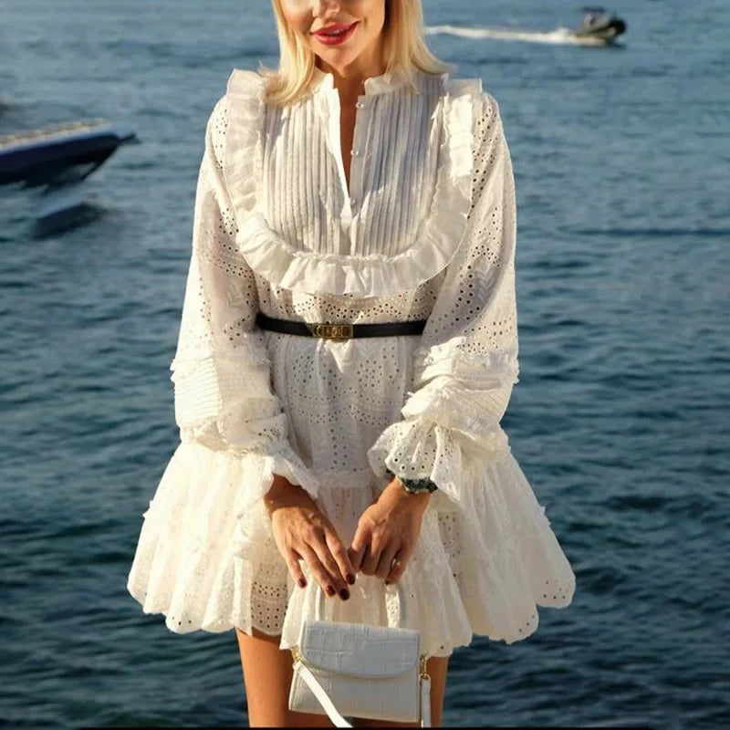 French Literary Retro Style 2024 New Summer Stand-up Collar Embroidered Lantern Sleeve Waist Lotus Leaf Dress for Women