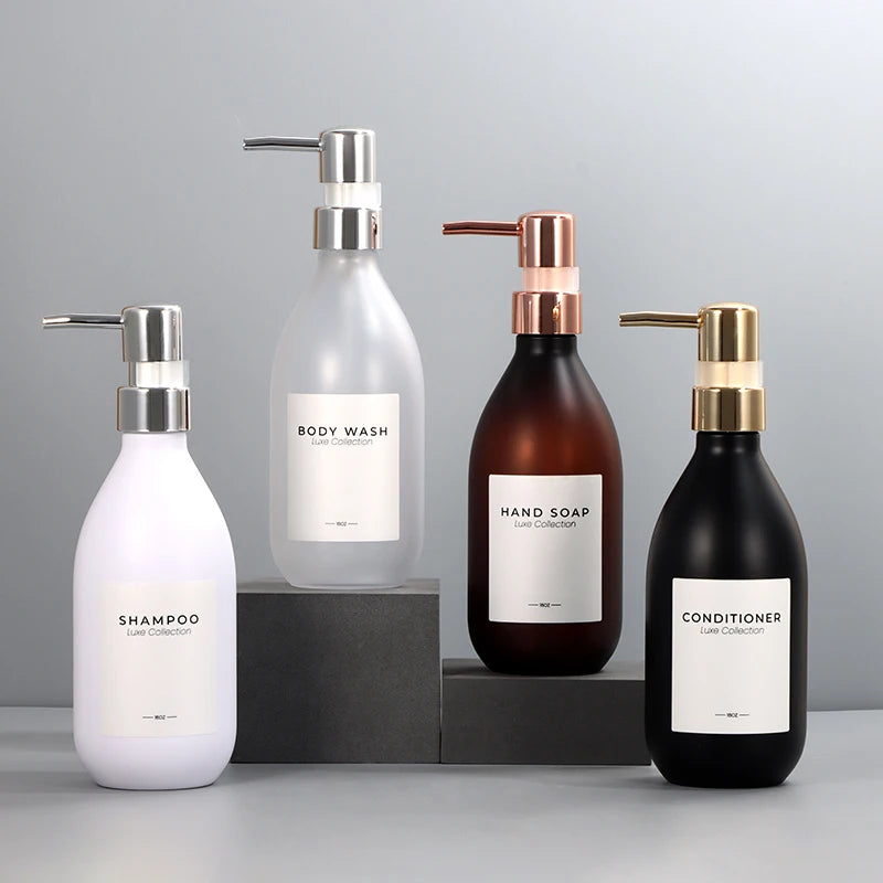 Custom 300ml 500ml Press Shoulder PET Scrub Eco-friendly Biodegradable Shampoo Conditioner Skin Care Serum Bottle Pump Head