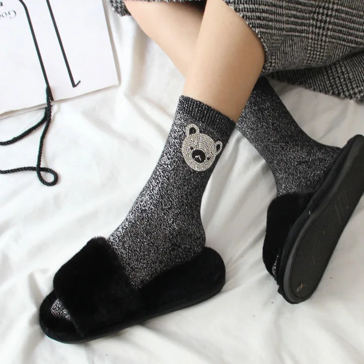 Wholesale Luxury Bear Socks for Women Bling Rhinestone Gold Silver Silk Breathable Knitted Crew Length Anti-Slip for Winter