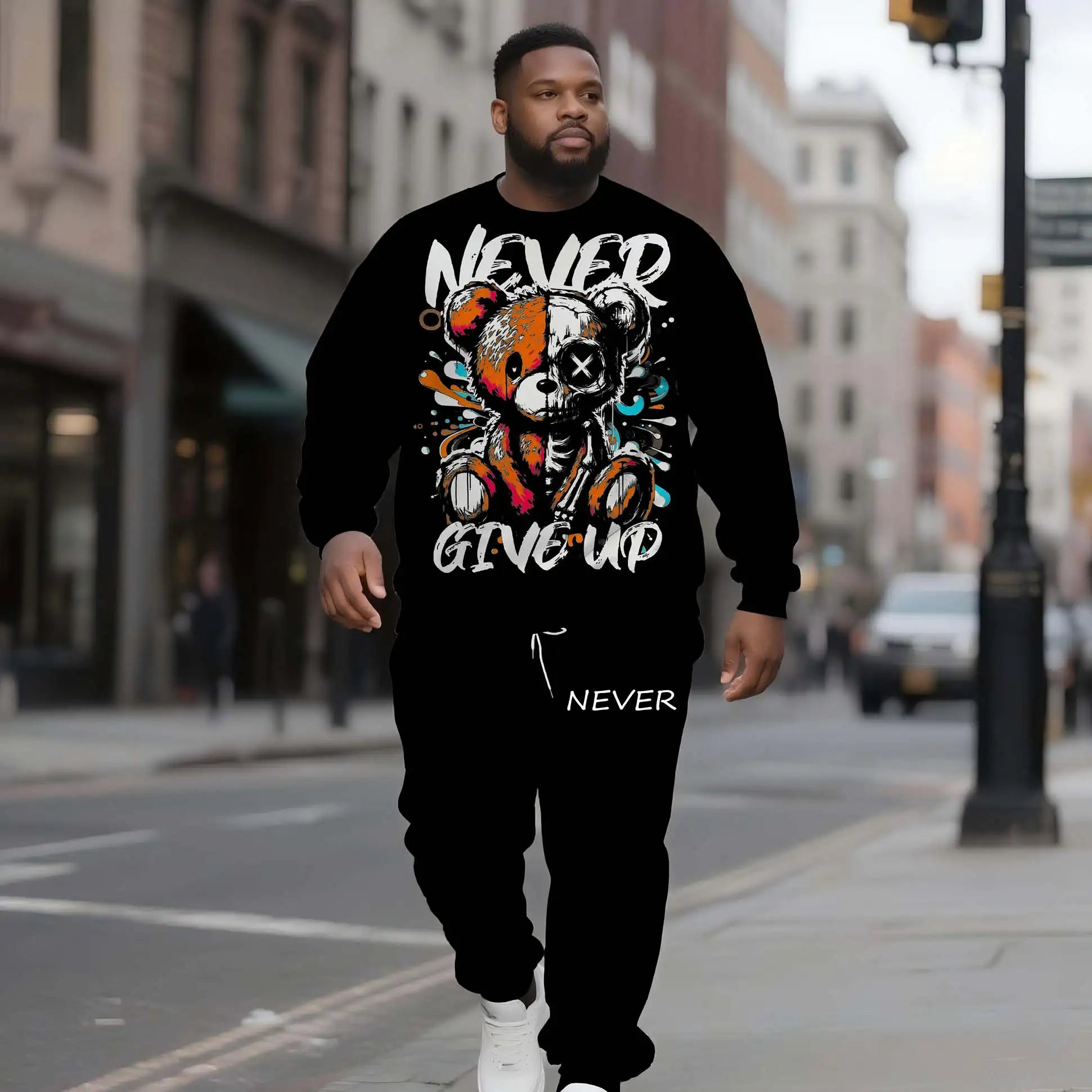 Best Seller Men's Plus Size Crew Neck Sweatshirt Set Teddy Bear Print with 'Never Give Up' Slogan Winter Knitted Streetwear