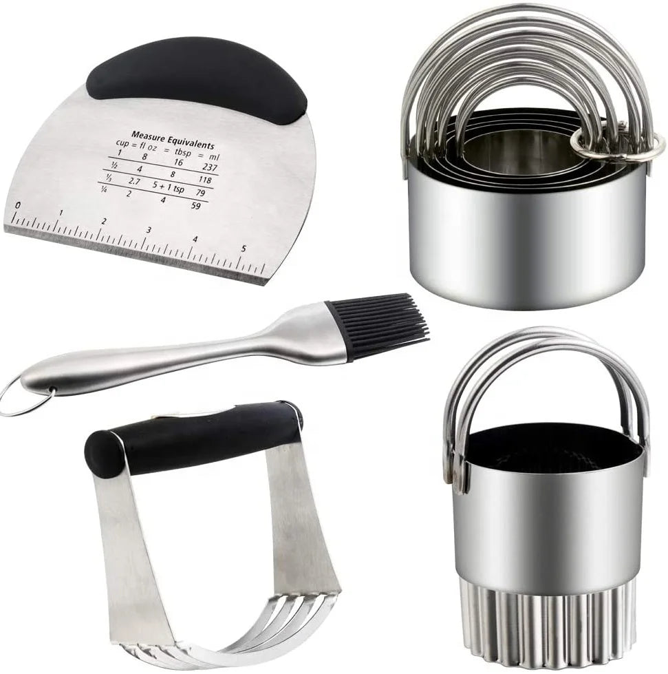 Professional Stainless Steel 6-Cutter Set Pastry Blender Dough Cutter Scraper Brush Metal PP Material Baking Accessories