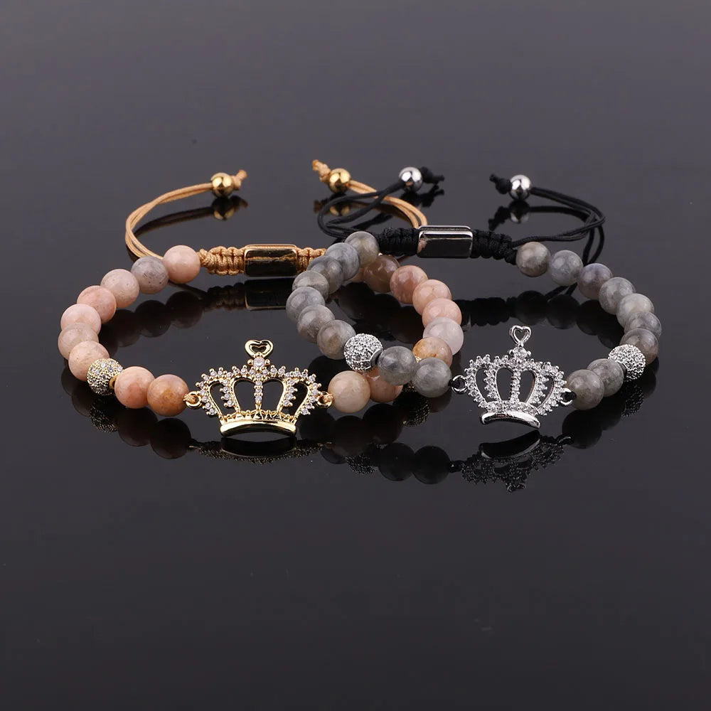 New Fashion Natural Stone Cubic Zircon Crown Charm Adjustable Gemstone Macrame Bracelet JBS12269