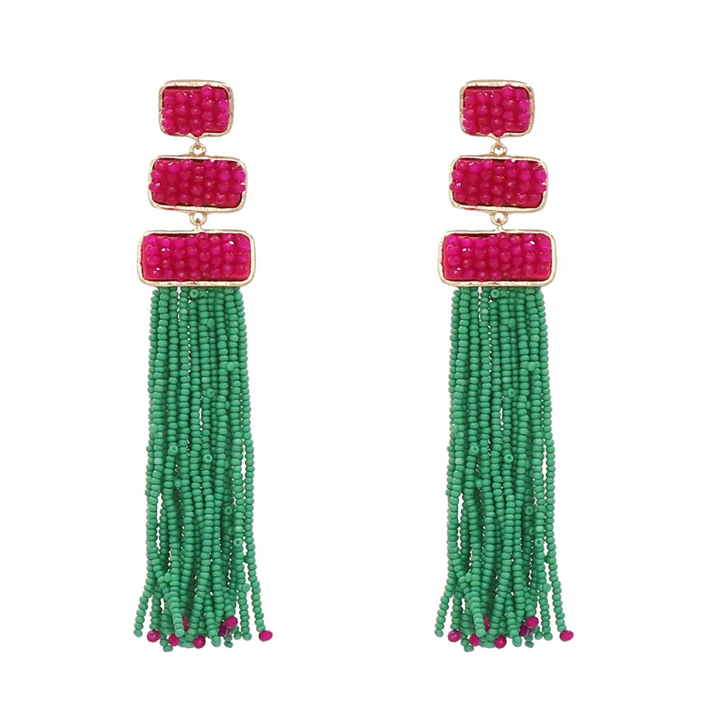 Boho Bohemian Glass Rice Seed Beads Beaded Tassel Fringe Earrings Long Earring Jewelry Yellow Green Colors