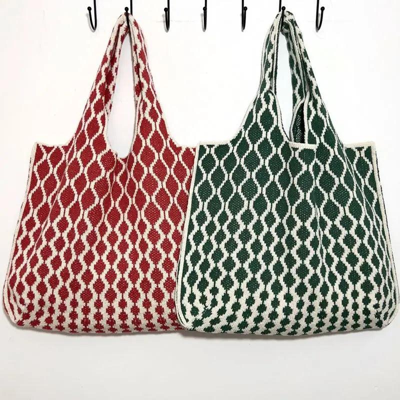 New Flower Large Capacity Tote Bag Linear Rhombus Shoulder Bag Women Knitted Bag
