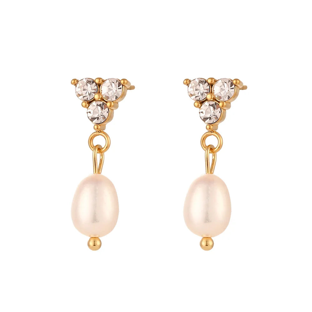 Customized Ins Fashion Three Diamonds Freshwater Pear LDroping Earring Stainless Steel 18K Gold Plating Dangle Earrings Jewelry