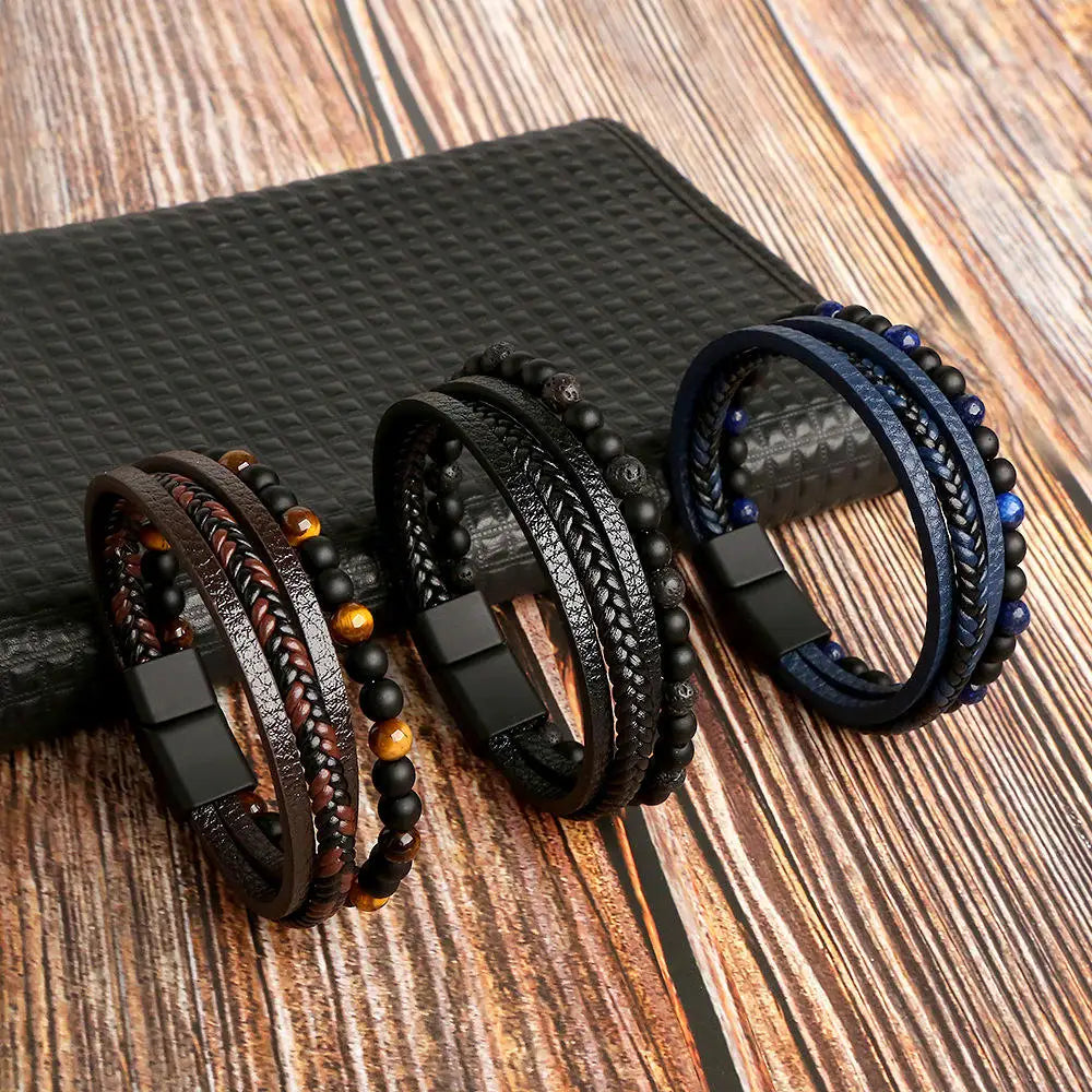 Mens Natural Stone Braided Weave Black Leather Bracelet Magnetic Clasp Multilayer Brown Tiger Eye Bead Leather Bracelet for Men