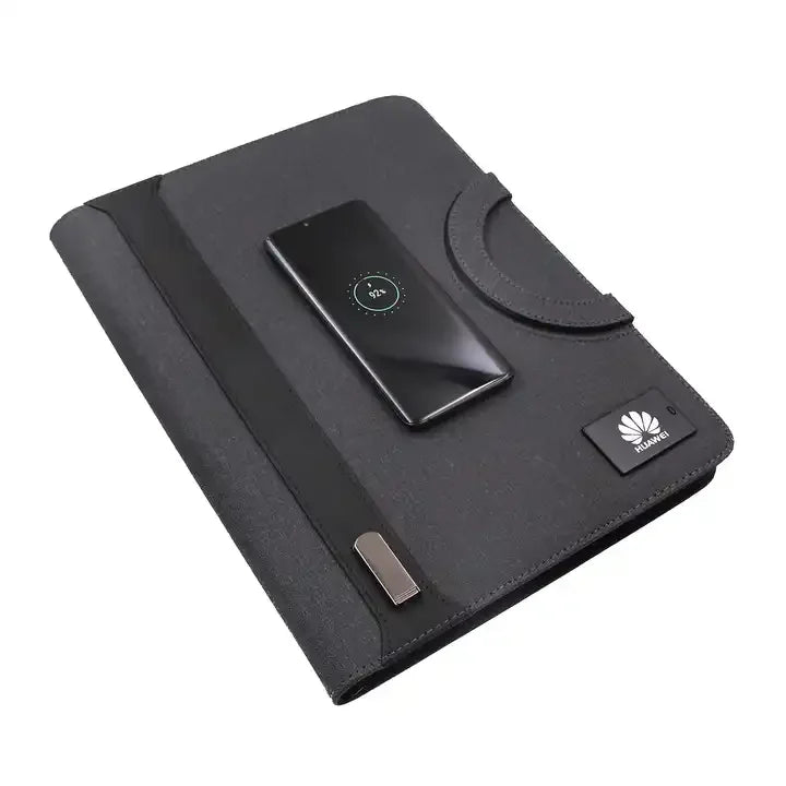 Wholesale A4 Multifunction Notebook LED Light Power Bank Wireless Charging Durable PU Leather Portfolio Cover Hardcover Style