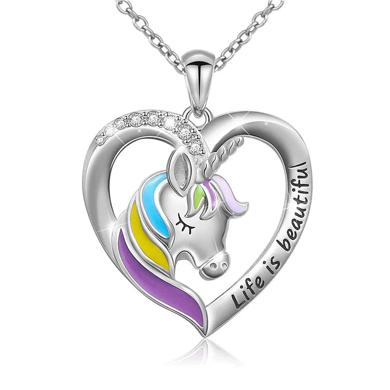 Unicorn Necklace Sterling Silver Forever love unicorn in Heart Pendant Necklace for Women