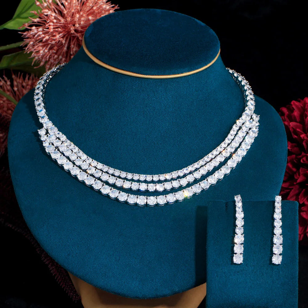 Round Brilliant Cut Cubic Zircon Triple Layer Necklace and Long Drop Earrings Set for Women Bridal Party CZ Wedding Jewelry Sets