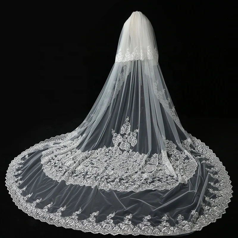 Ivory Embroidered Korean Style Long Tail Lace Tulle Bridal Veil for Wedding Party