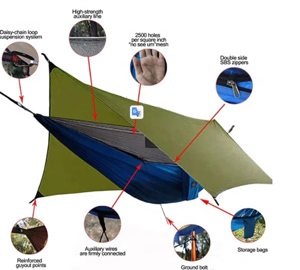 For WOQI Lightweight Portable Camping Hammock Set Rain Fly Tarp and Mosquito Net Tent Nylon Parachute Material