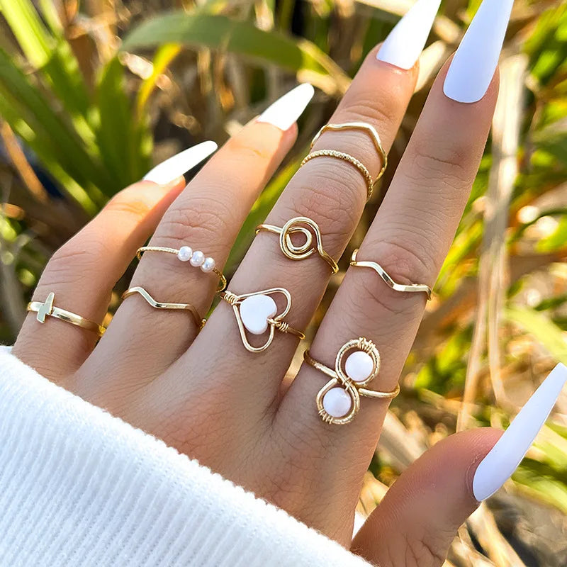 9pcs/set Geometric Irregular Thin Rings Pearl Natural Stone Elegant Rings Knuckle Ring Set For Women