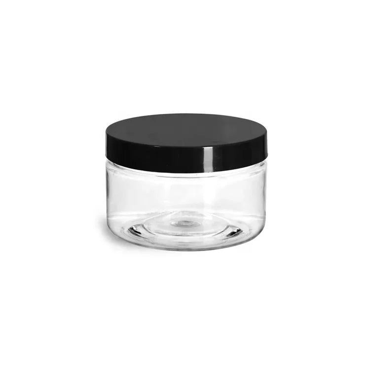 4 oz Clear PET Food Heavy Wall Jars With Black Smooth Plastic Lined Caps