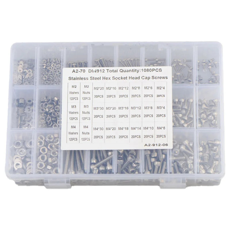 1080PCS M2 M3 M4 Stainless Steel 304 Hexagon Socket Screw Bolt Nut Flat Gasket Combination Set