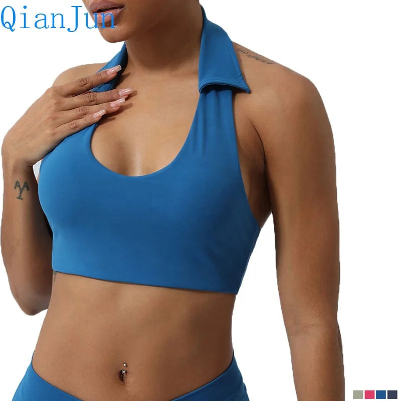 2024 New Women Lapel Neck Hanging Yoga Vest Push-up Back Sports Bra Running Fitness Underwear With Chest Pad for Women