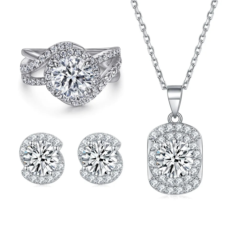 Fashion Silver Jewelry Set Rhodium Plated Round Cut Zirconia Ring Necklaces Earrings Women Jewelry Sets for Party MegaBDM