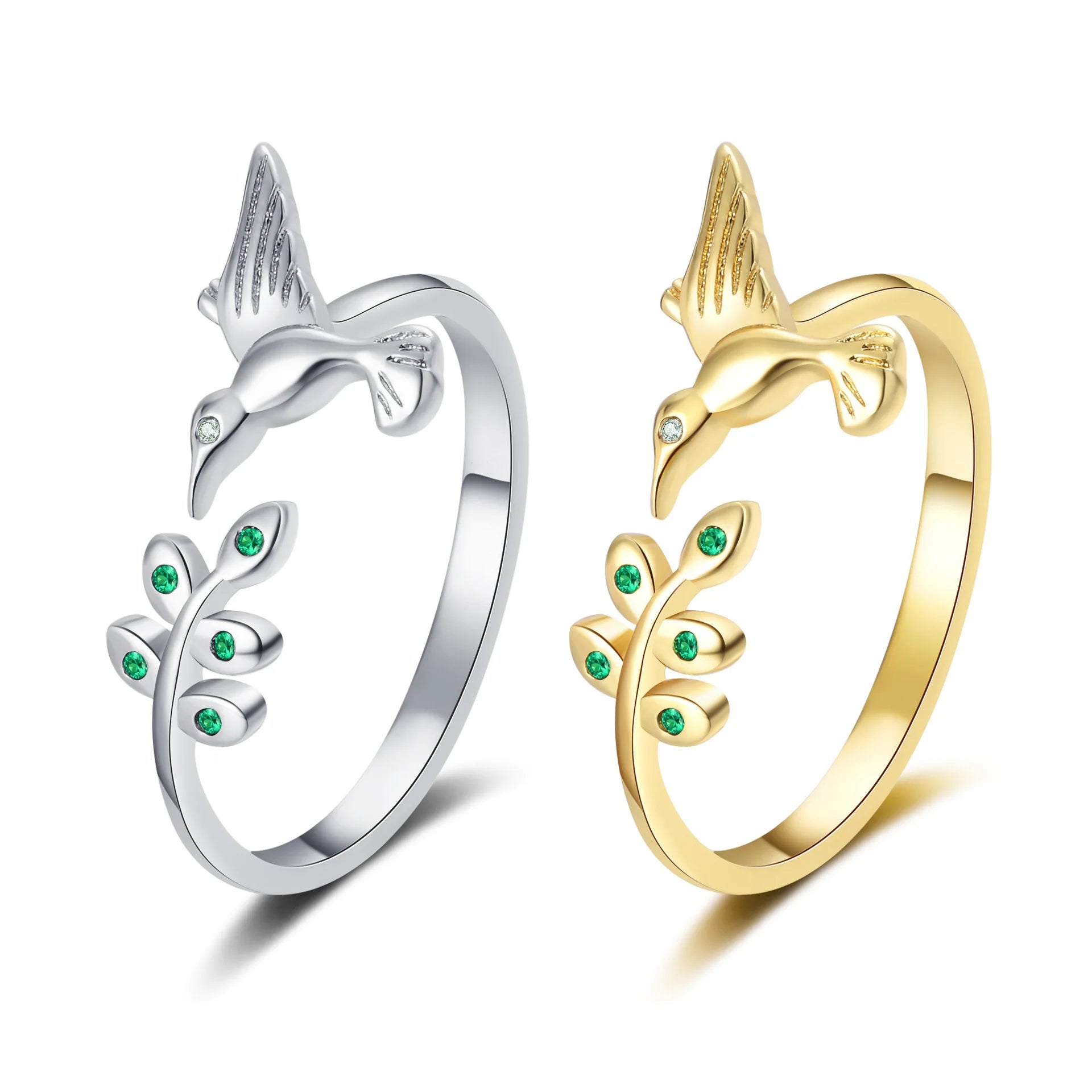 ArthurGem Hummingbird Green Zircon Opening Ring Platinum Plated Wedding Couple Lover Ring Adjustable Fashion Rings for Couples