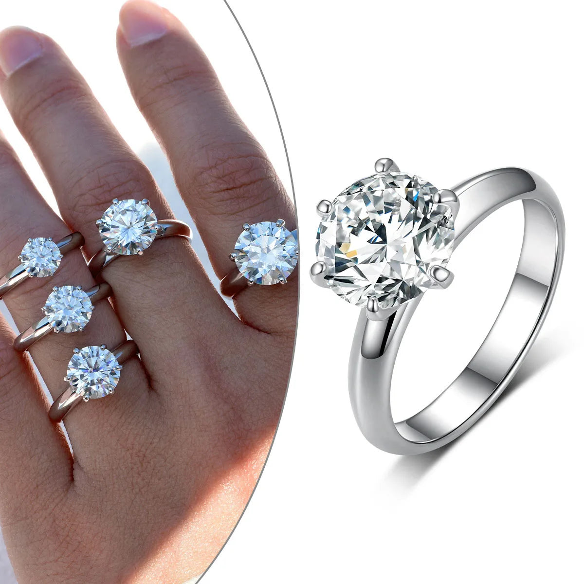 Bestselling S925 Silver Moissanite Six-Prong Ring Comfortable Wear Wide Band Live Streaming Hot Sale