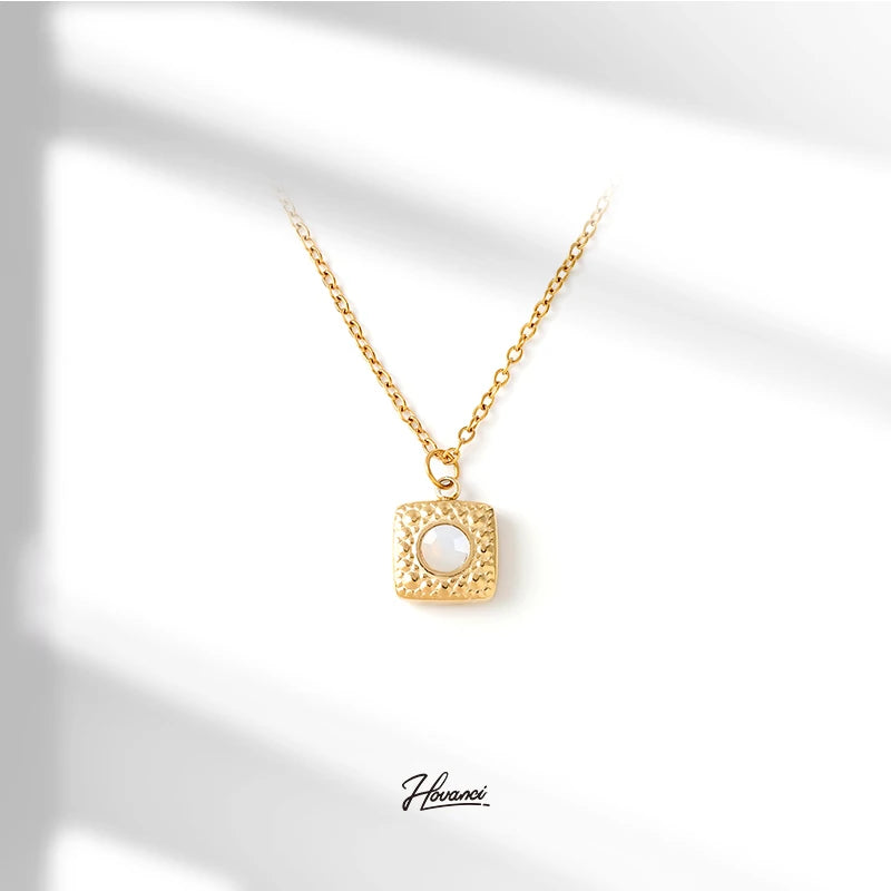 HOVANCI Luxury Good Quality Jewelry Thick 18K Waterproof Stainless Steel Square Opal Moonstone Necklace