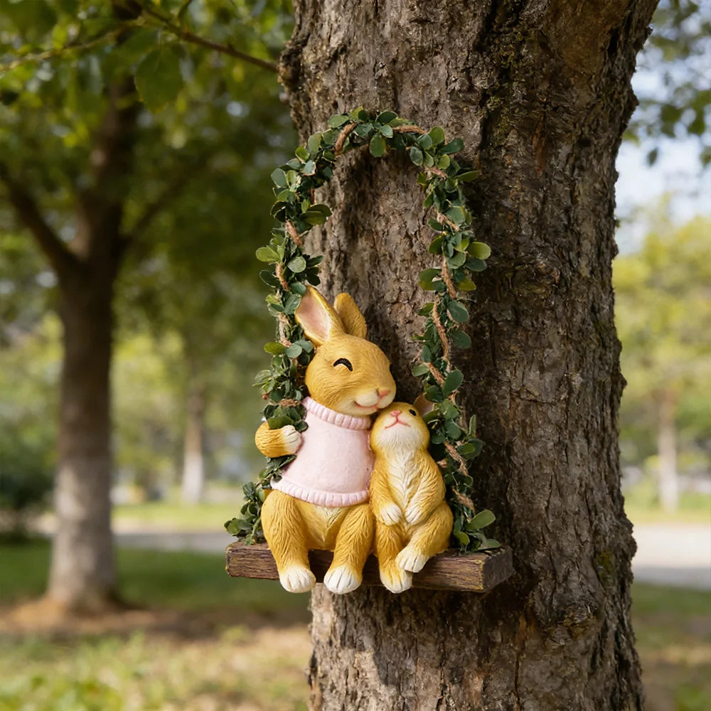 Bunny Family on Swing Resin Figurine Hanging Rabbit Statue for Garden Decor