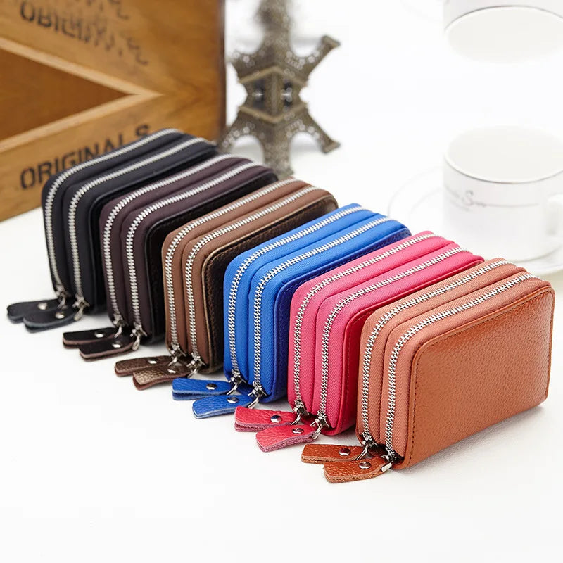 Business Credit Card Holders Genuine Leather RFID Blocking Double Zipper Short Card Wallet Holder Women Small Accordion Wallet