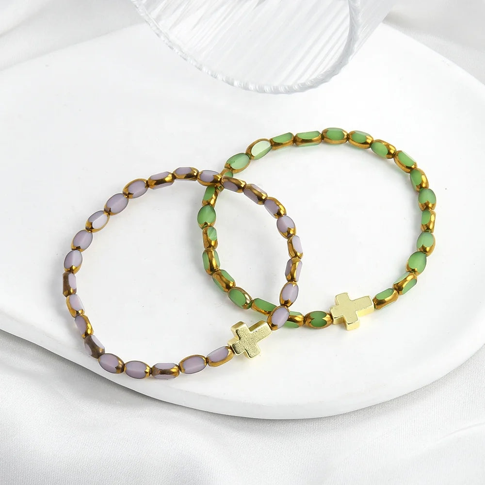 Colored Oval Glass with Golden Edge Cut Grain Beads Elastic Bracelet Hematite Cross Accessories New Minimalist Women's Jewelry
