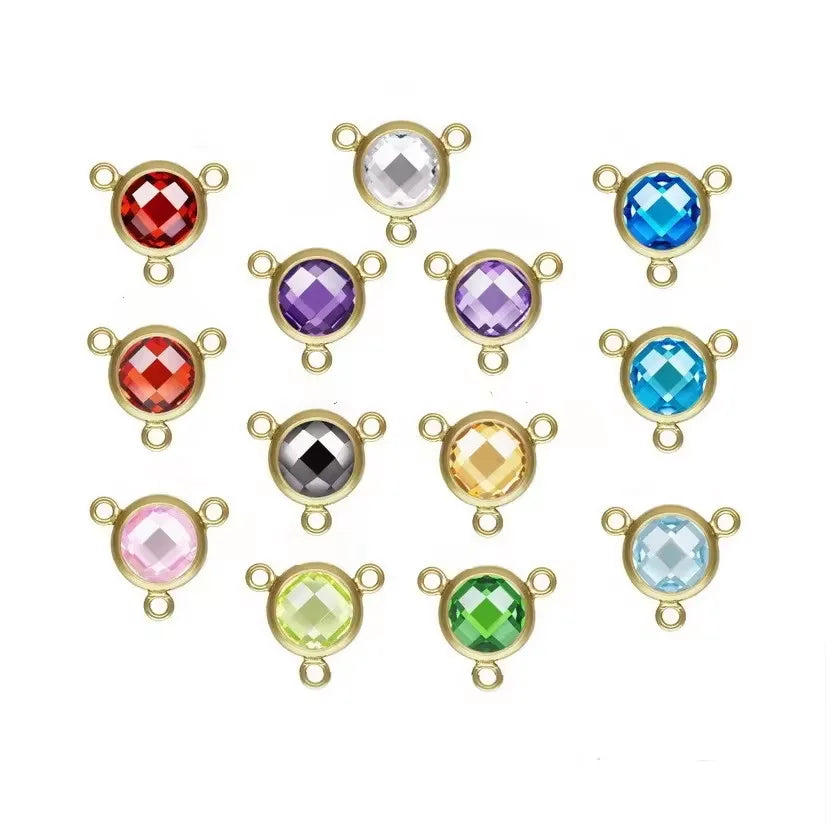 14K Gold Filled Birthstone Drop Charm 6MM AAA Cubic Zircon Bezel Connector With 3 Rings Pendant DIY Jewelry Findings Accessories