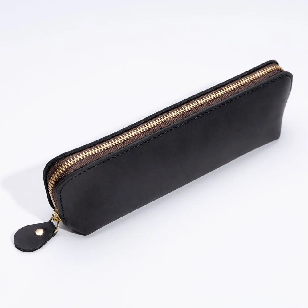 Hand-Crafted Crazy Horse Leather Large Pencil Case Compartments Top Layer Fine Pen Leather Holder for School Elegant Durable