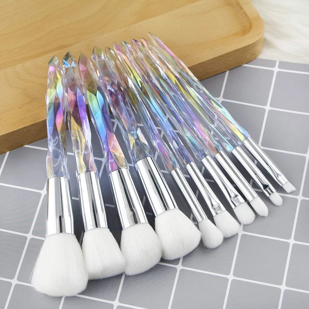 Professional 10pcs Synthetic Crystal Handle Makeup Brushes Set Fan Brush Style for Face Concealer & Eyebrow Pencil Application