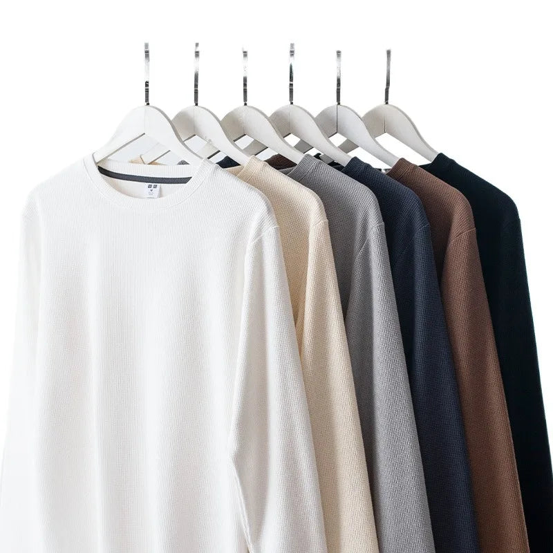 Fitspi Waffle Long Sleeve T-shirt Men's Heavy Round Neck Loose T Shirt Top Autumn Pure Color Japanese Bottoming Shirt