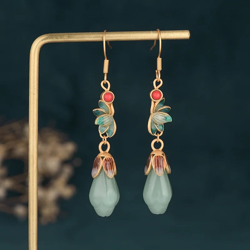 Chinese Style Gold Plated Magnolia Flower Earrings Vintage Jade Dangle Earrings Multicolor Enamel Earrings for Women