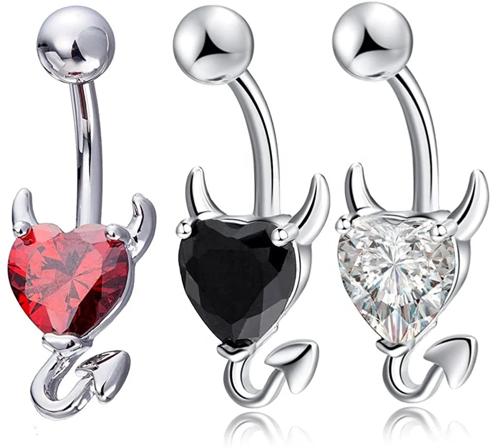 Surgical Steel Devil Heart Belly Button Rings Cubic Zirconia CZ Crystal Heart Shaped Silver Navel Rings