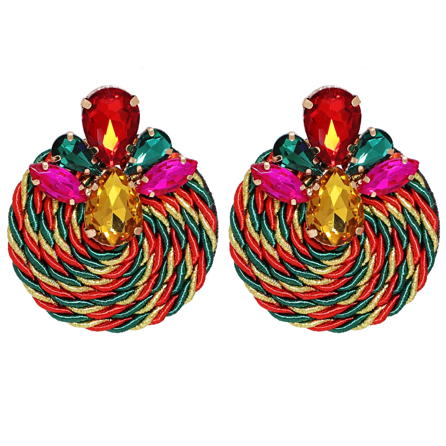 Korean America Christmas Colors Gift Earring Handmade Jewelry Rope Crystal Round Earrings for Women
