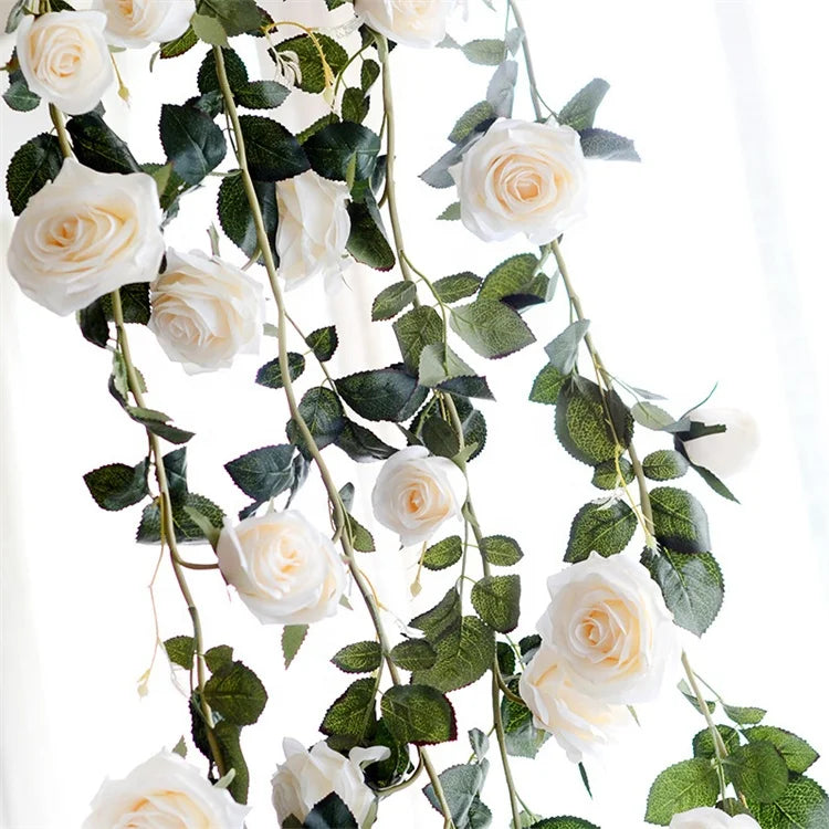 U-0323  Decorative 180 cm Artificial White Rose Flower Vines for Wedding Hanging Wall Decoration