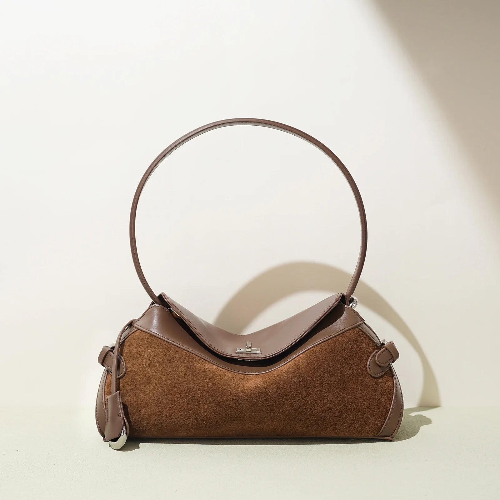 Vintage Suede Leather Shoulder Bag Chic Round Handle Hobo Purse Luxury Split Cowhide Handbag Low MOQ OEM Crossbody Factory