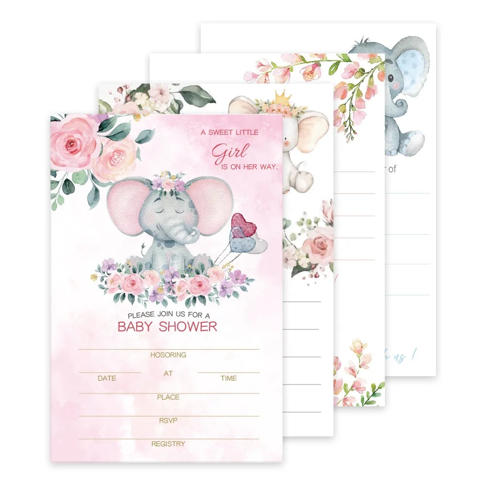 Floral Pink Blue Elephant Invitations for Boy Girl Set of 25