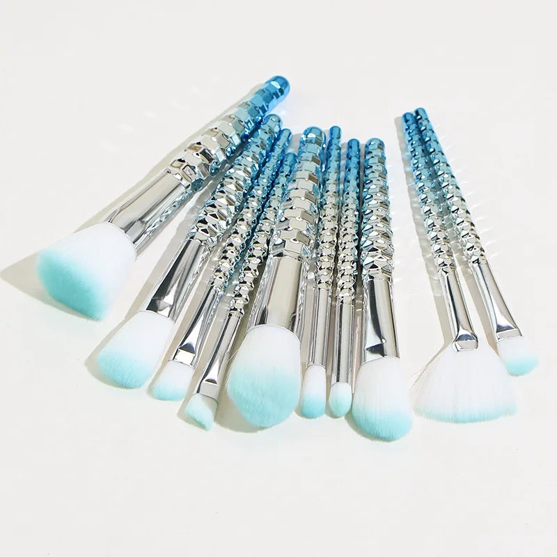 New 10pcs Honeycomb Blue Handle Makeup Brush Set Electroplated Handle High-grade Eye Shadow Loose Powder Makeup Brush Tool