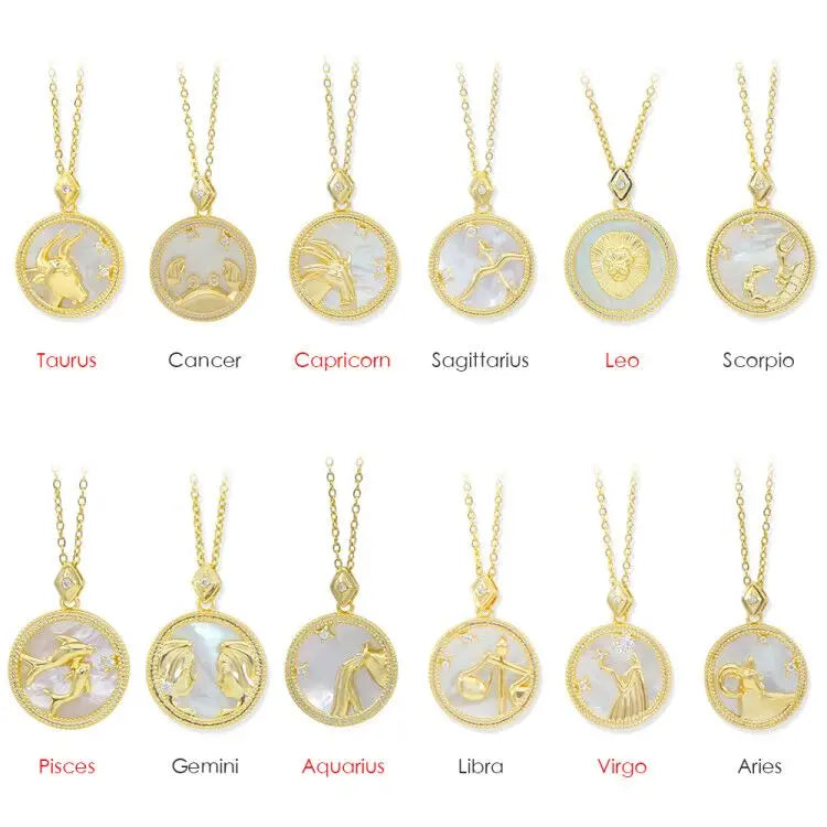 Women Copper Astrology Jewelry Shell Horoscope Sign Gold Plated Mother of Pearl Zodiac Pendant Necklace