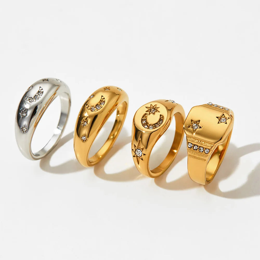 2024 Starry Series 18K Gold Stainless Steel Dome Ring Pave Crystal Sun & Moon Stars with CZ Gemstone for Engagement Anniversary