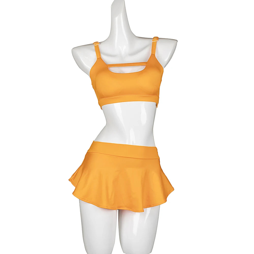 Ready to Ship Orange Nylon Matte Ladies Mid High Waist Gym Workout Set Skirt-Shorts and Skirts Female Pole Fitness Dance Wear