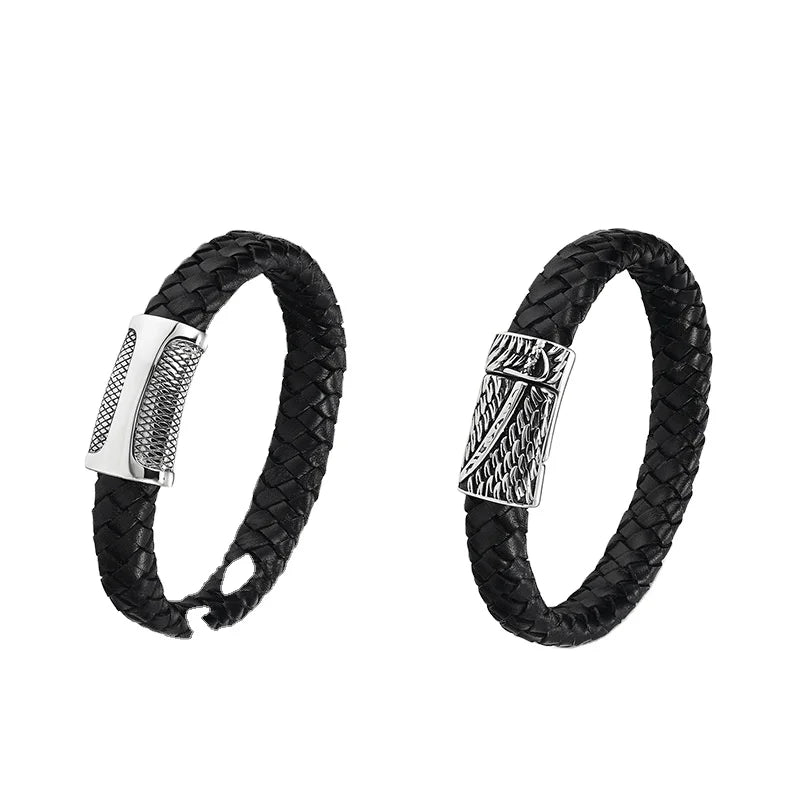 Hot Selling Black Rope Braided Stainless Steel Bracelets Leather Men's  Steel Bracelet